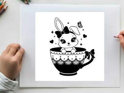 Adorable bunny silhouette in decorative teacup with butterfly