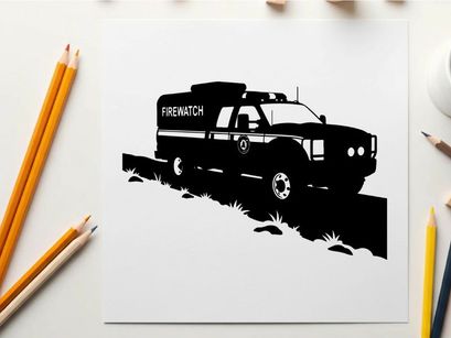 Silhouette of a firewatch truck on a rugged terrain