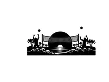 ilustrasi vektor desain datar matahari terbenam voli pantai