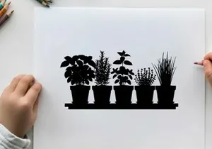 Silhouette of plants on a shelf in front of window