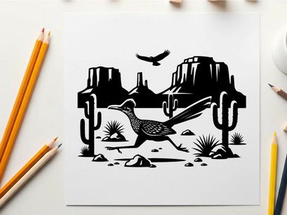 Desert landscape with roadrunner silhouette and cacti plants