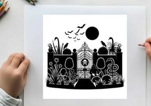 Silhouette of a spooky garden gate with skull and moon