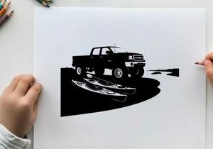 Silhouette of a pickup truck with a canoe on a trailer
