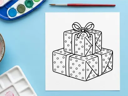 Christmas gift boxes with polka dot wrapping paper and ribbon bow line art illustration.