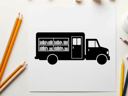 Silhouette of a mobile library truck with books on shelves