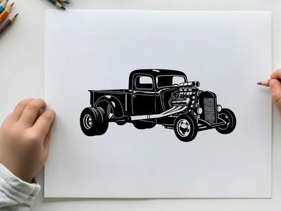 Vintage pickup truck silhouette with chrome accents and large wheels