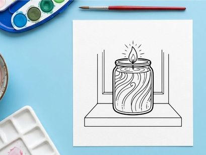 Line art illustration of a lit candle in a glass jar on a windowsill