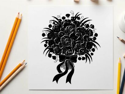 Silhouette of a beautiful bouquet of flowers with ribbon