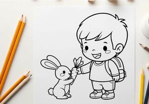 Boy holding bunny happy friendship vector illustration flat design