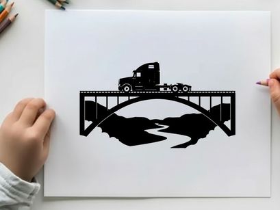 Truck crossing bridge silhouette against white background