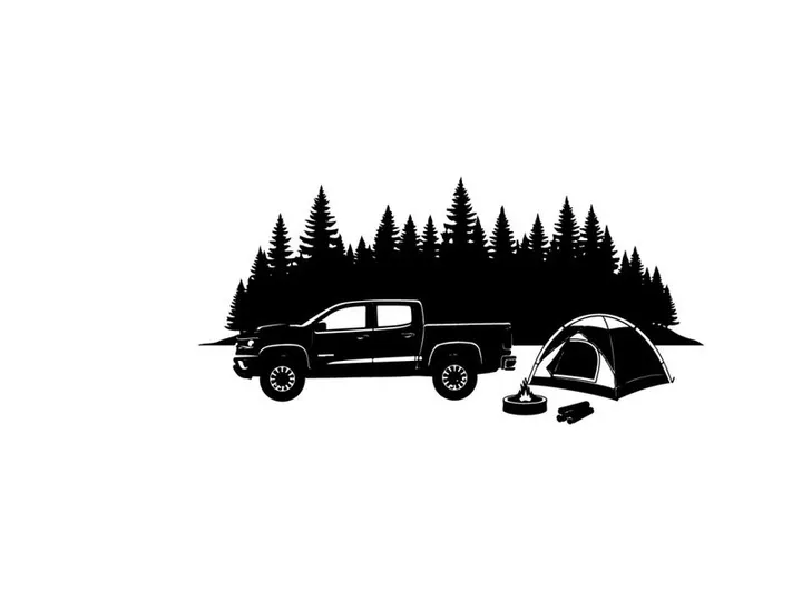 Camping silhouette with truck and tent in forest