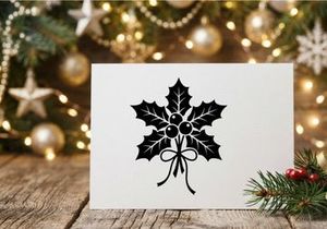 Schwarzes Stechpalmenblatt-Icon mit Blättern und Schleifenband für weihnachtliches Design