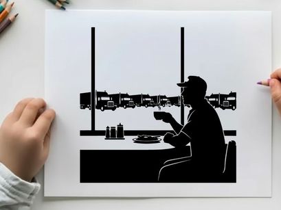 Man sitting in silhouette at a diner table by the window