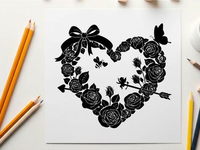 Silhouette heart with roses bow and butterfly