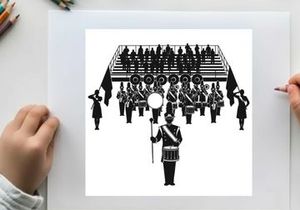 Silhouette of a marching band performing on bleachers with drum major leading
