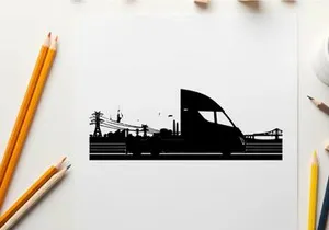 Silhouette of a futuristic vehicle driving past a city skyline