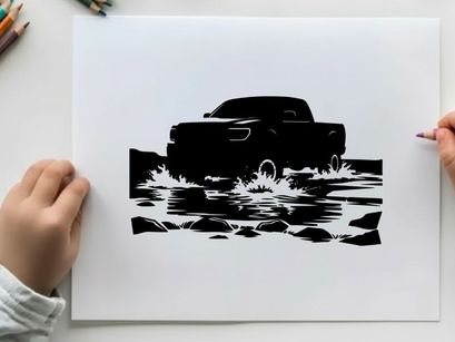 Silhouette of a pickup truck driving through water on a road