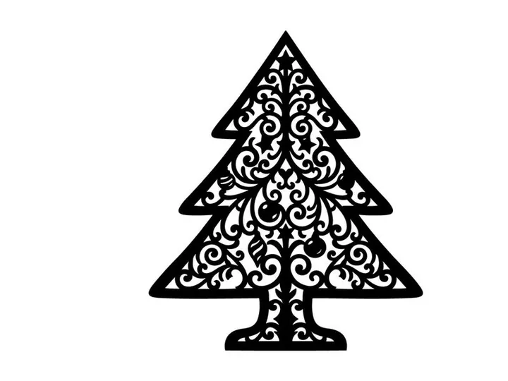 Siluet pohon Natal hitam dengan pola filigree dekoratif pada latar belakang putih