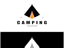 vintage and retro tent logo, camping. With tent, tree and bonfire sign. adventurers, scouts, climbers, camping equipment center