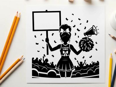 Cheerleader silhouette holding sign and megaphone at sports event