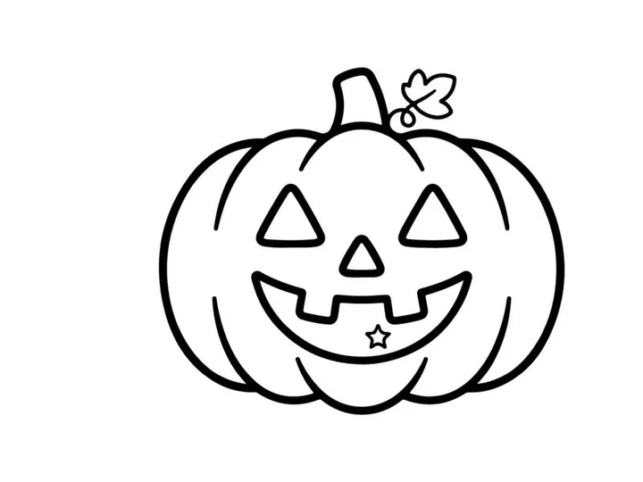 Hand-drawn Halloween jack-o-lantern with cheerful smile and star. Cute cartoon pumpkin face illustration for festive autumn decor and kids crafts.