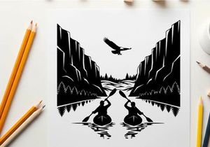 Silhouette of two kayakers paddling through a scenic river gorge silhouette