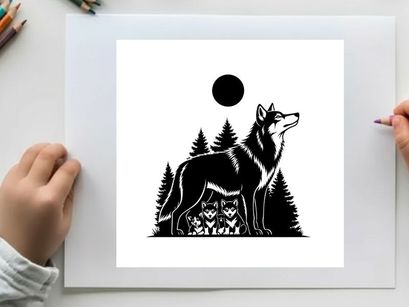 Silhouette of a wolf howling at the moon in a forest