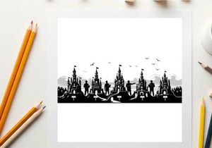 Silhouette of a medieval castle town with people and birds
