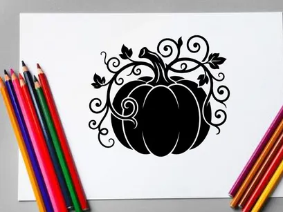 Silueta de una calabaza con patrones de enredaderas ondulantes para decoración otoñal