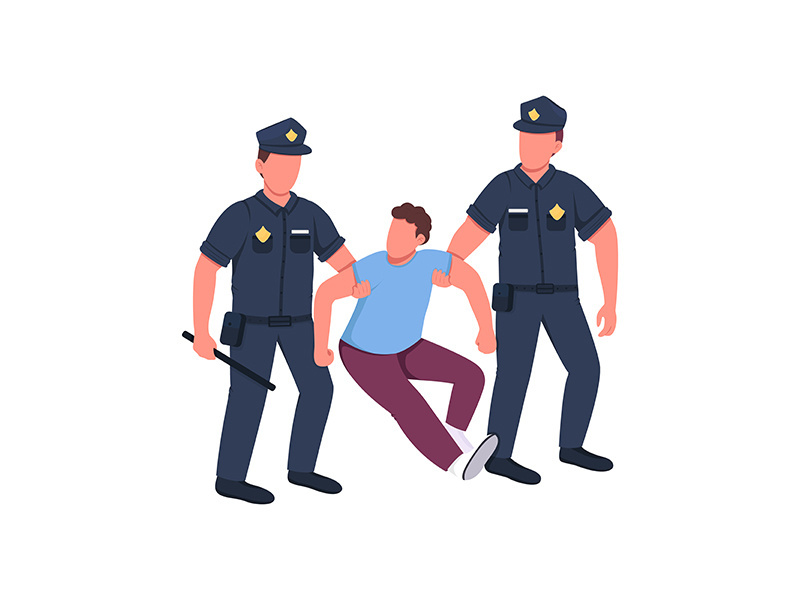 Police arresting criminal flat color vector faceless characters