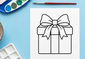Christmas gift box icon with ribbon bow, simple black line art vector illustration