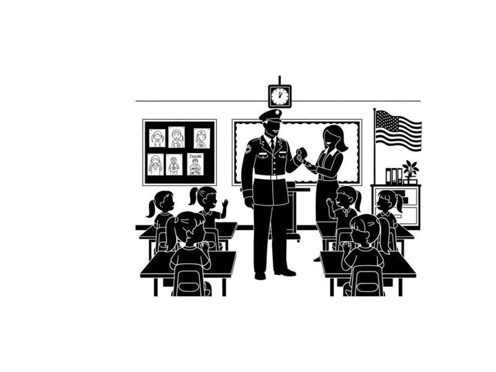 Police officer visiting a classroom with teacher and students silhouette