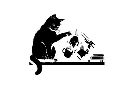 Mischievous cat silhouette causing chaos with falling objects