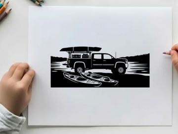 Silhouette of a pickup truck with kayaks on a serene lake shore preview picture