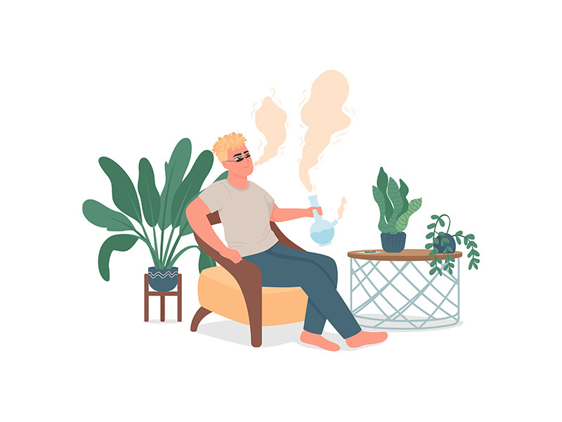 Man smoking bong flat color vector detailed character