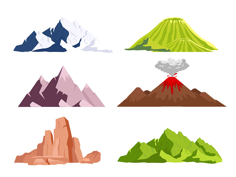 Mountains flat color vector objects set