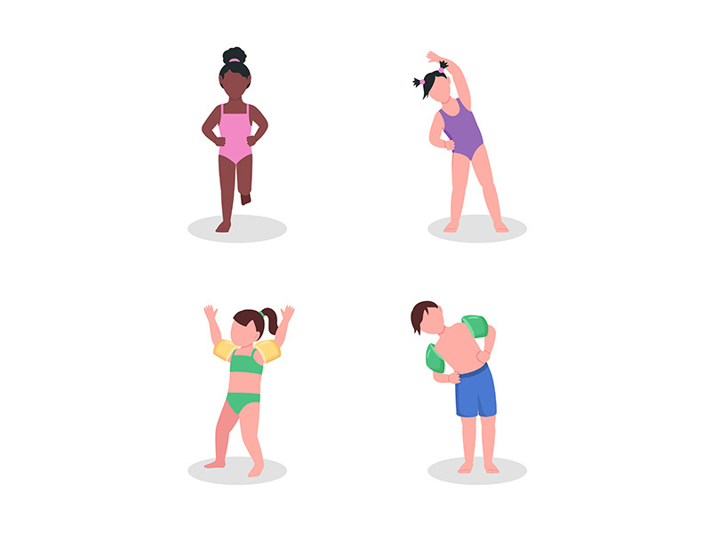 Kids in swimwear semi flat color vector character set