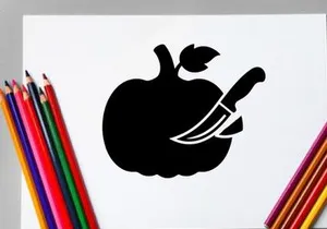 Black and white apple with knife and leaf silhouette for health and food themes