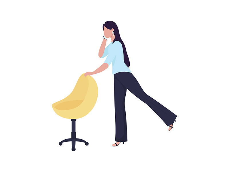 Female worker warming up with office chair semi flat color vector character