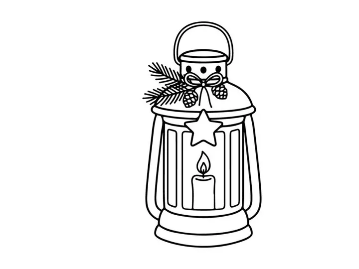 Christmas lantern line art illustration with candle and pine branch decoration
