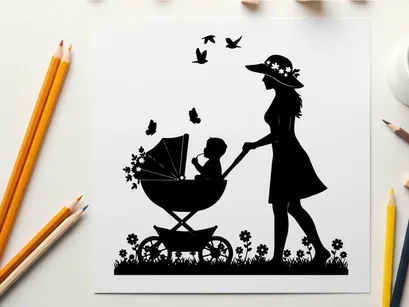 Silhouette of woman pushing baby stroller in garden with flowers
