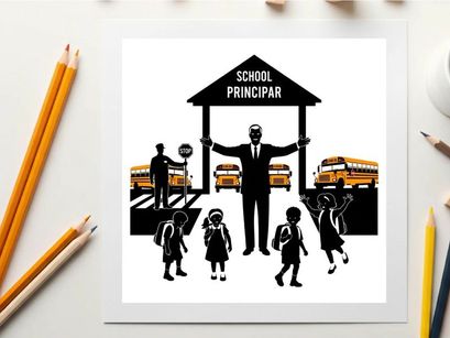 School principal silhouette welcoming students on a busy morning