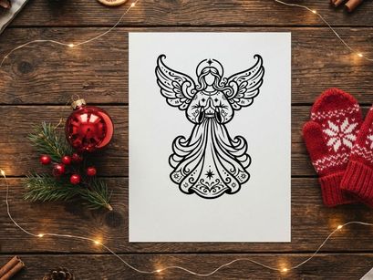 Black and white line art illustration of a praying Christmas angel with decorative wings.