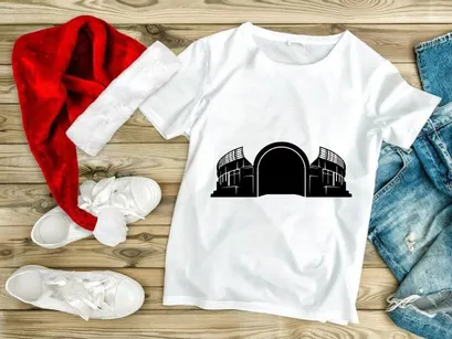 A black and white illustration of a large building with an arched entrance