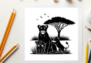 Lioness and cubs silhouette in savannah landscape with acacia tree