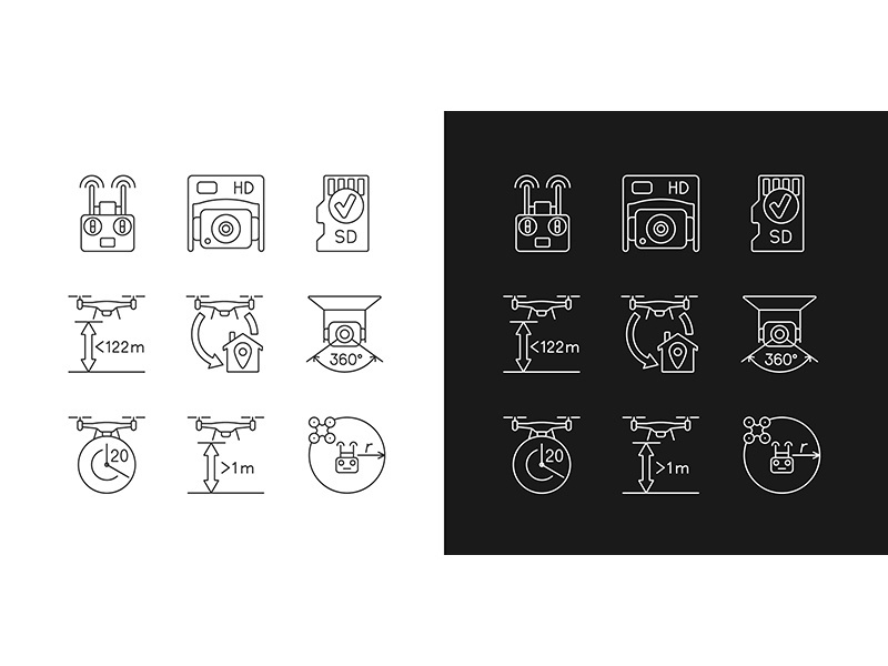 Drone care linear manual label icons set for dark and light mode