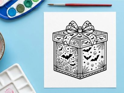 Halloween gift box coloring page. Spooky present with bats and spider webs for kids.