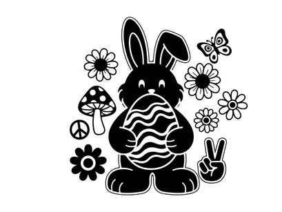 Easter bunny holding egg silhouette with flowers and butterflies