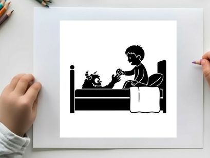 Silhouette of a child and teddy bear in bed at night