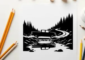 Silhouette of a pickup truck crossing a bridge over a stream
